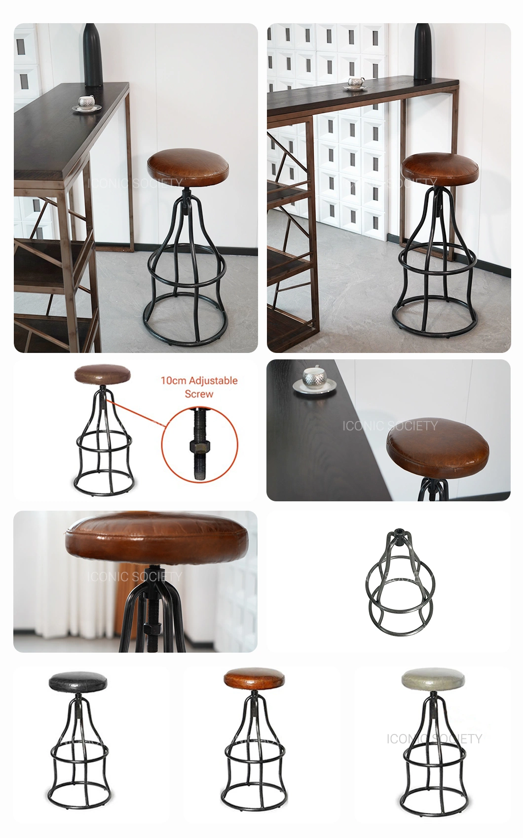 Industrial Living Room Club Home Counter Hotel Furniture Metal Iron Adjustable Bar Chair Genuine Leather Counter Swivel Bar Stools