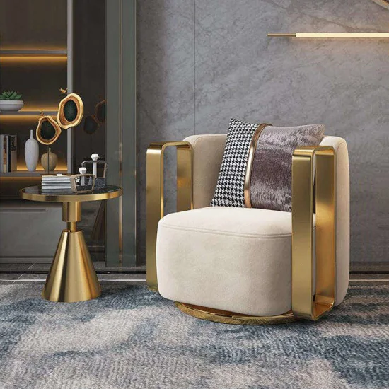 Fauteuil pivotant de salon moderne, fauteuil de luxe avec cadre en métal doré, canapé simple pour meubles de salon